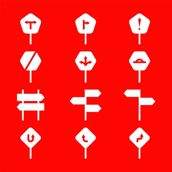 Conjunto de ícones de sinalização de estrada - Vetor - branco sobre um fundo vermelho —  Vetores de Stock