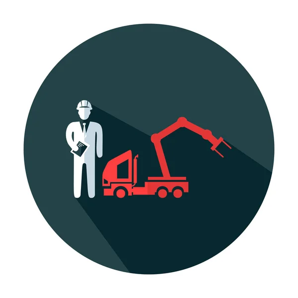 Escavadeira com ícone de engenheiro plana — Vetor de Stock