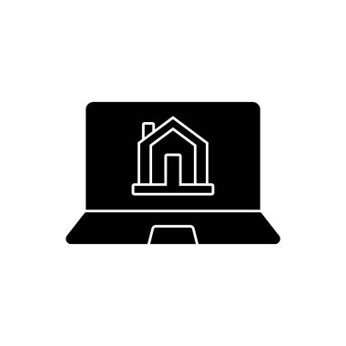 Dizüstü bilgisayar işareti ile Ev - Online ev arama konsepti