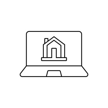 Dizüstü bilgisayar işareti ile Ev - Online ev arama konsepti