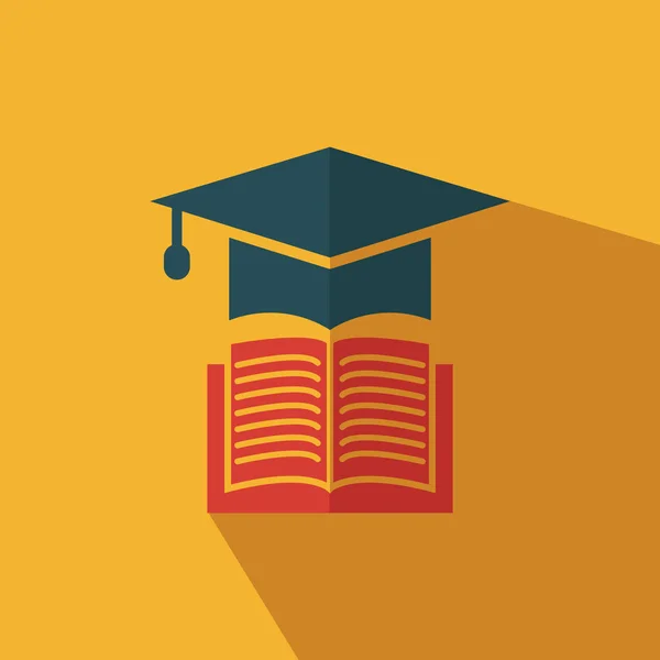 Livre avec chapeau vectoriel de fin d'études - icône de l'enseignement plat - illustration de chapeau universitaire académique — Image vectorielle