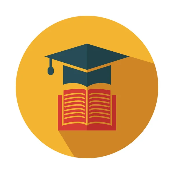 Livre avec chapeau vectoriel de fin d'études - icône de l'enseignement plat - illustration de chapeau universitaire académique — Image vectorielle