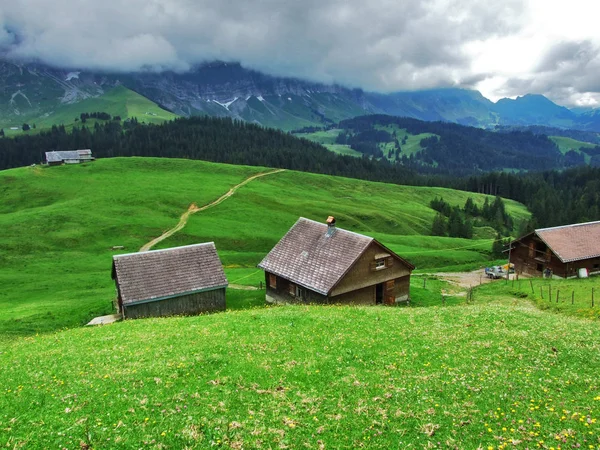 Granjas Pastos Región Appenzellerland Cantón Appenzell Innerrhoden Suiza — Foto de Stock