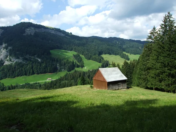 Architektura Gospodarstw Rolnych Regionie Obertoggenburg Kantonu Gallen Szwajcaria — Zdjęcie stockowe