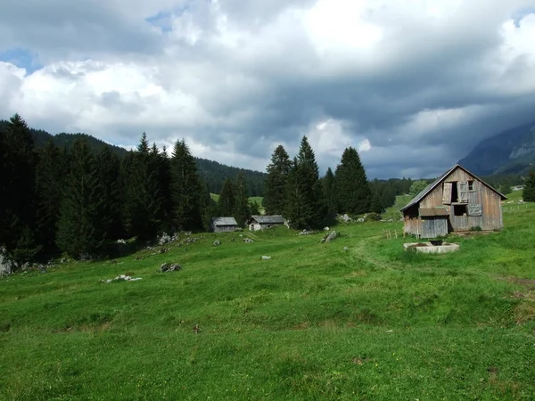 Αρχιτεκτονική Των Άλπεων Και Αγροκτήματα Της Περιοχής Obertoggenburg Καντόνι Σεν — Φωτογραφία Αρχείου