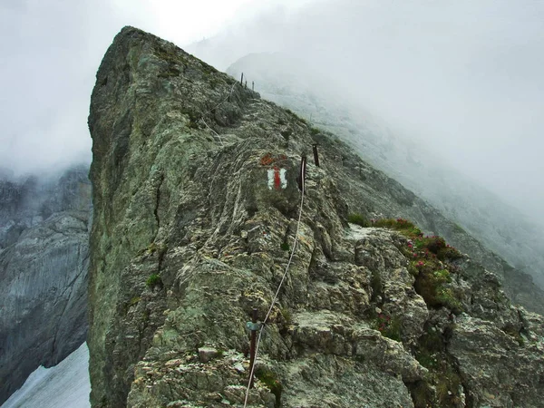 Escalada Cima Santis Cordillera Alpstein Cantón Appenzell Ausserrhoden Suiza —  Fotos de Stock