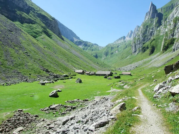 Gazdaságok Legelők Fennsík Hegységek Alpstein Canton Appenzell Innerrhoden Svájc — Stock Fotó