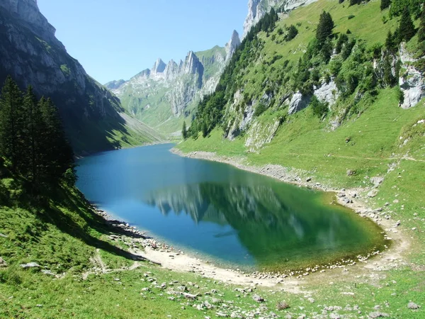 Alpine lake Fahlensee in mountain range Alpstein - Canton of Appenzell Innerrhoden, Switzerland