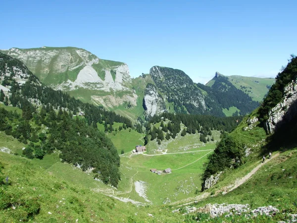 Veduta Delle Cime Fahlenalp Sul Lago Fahlensee Montagna Alpstein Canton — Foto Stock