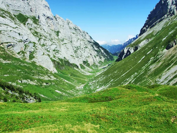 Zobacz Szczyty Fahlenalp Nad Jeziorem Fahlensee Góry Masy Alpstein Kanton — Zdjęcie stockowe