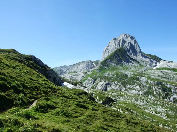 Переглянути Пік Альтман Гірських Масового Alpstein Кантону Аппенцелль Innerrhoden Швейцарія — стокове фото