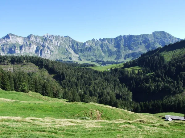 Vista Para Pico Santis Montanha Alpstein Cantão Appenzell Innerrhoden Suíça — Fotografia de Stock