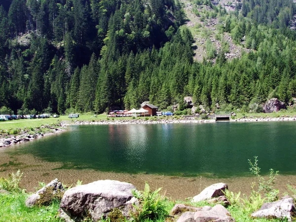 Pequeno Lago Reservatório Longo Riacho Murgbach Kanton Gallen Suíça — Fotografia de Stock
