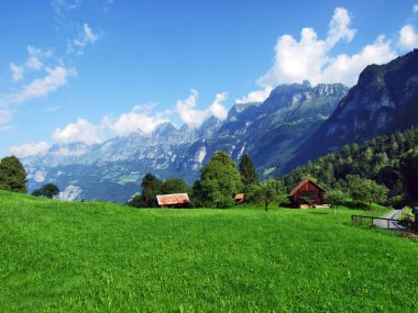 Çiftlikleri ve mera Seez Vadisi nehir veya Seeztal Vadisi - Canton St. Gallen, İsviçre