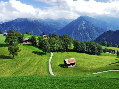 Ahır ve çiftliklerde sığır otlaklar Braunwald alanı - Canton Glarus, İsviçre