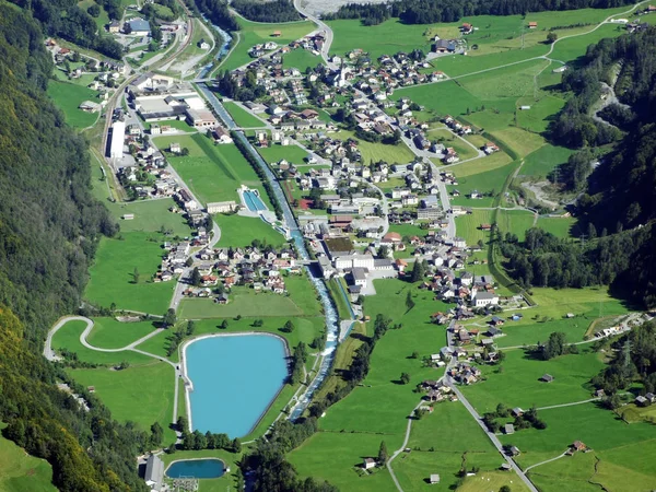 Linthal Település Felhalmozási Tavak Vízierőmű Fatschbach Canton Glarus Svájc — Stock Fotó
