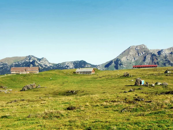 Stallen Boerderijen Het Plateau Onder Bergketens Churfirsten Kanton Gallen Zwitserland — Stockfoto