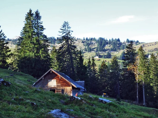 馬小屋および山脈 Churfirsten ザンクト ガレンのカントン スイス連邦共和国の下に高原農場 — ストック写真