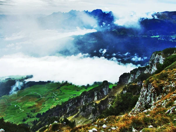 Alçak Bulutlar Sis Vadilerde Rhein Simmitobel Canton Gallen Sviçre — Stok fotoğraf