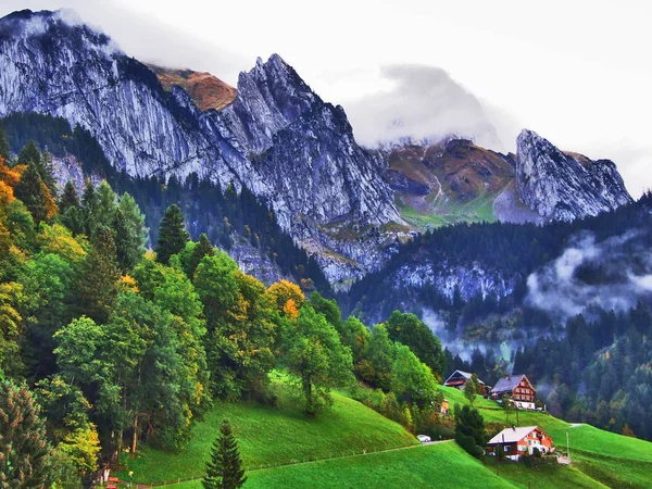 Kırsal çiftlik ve geleneksel mimarisini Wildhaus düşündüklerini River Valley - Canton St. Gallen, İsviçre