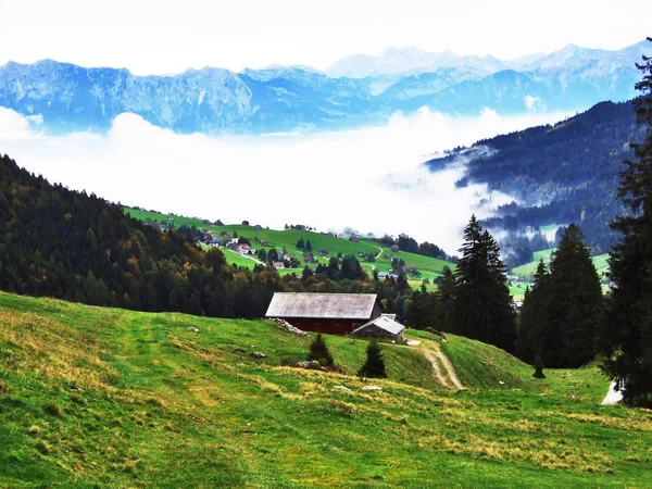 Rural Farms Traditional Architecture Wildhaus Thur River Valley Canton Gallen — Fotografia de Stock