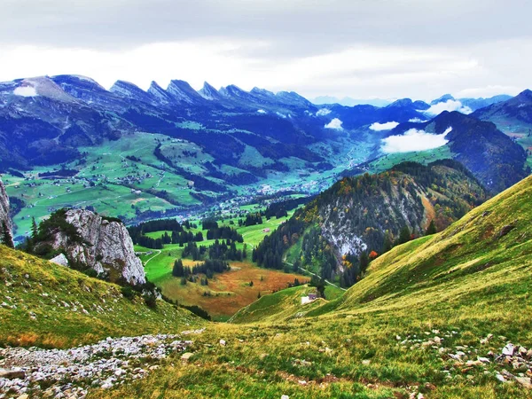 Panorama Richting Alpen Pieken Churfirsten Bergketen Kantons Van Gallen Zwitserland — Stockfoto