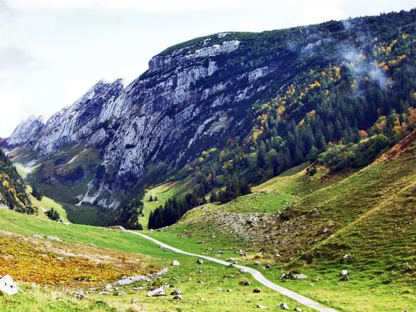 Pastizales Fotogénicos Colinas Cordillera Alpstein Cantón Gallen Suiza — Foto de Stock