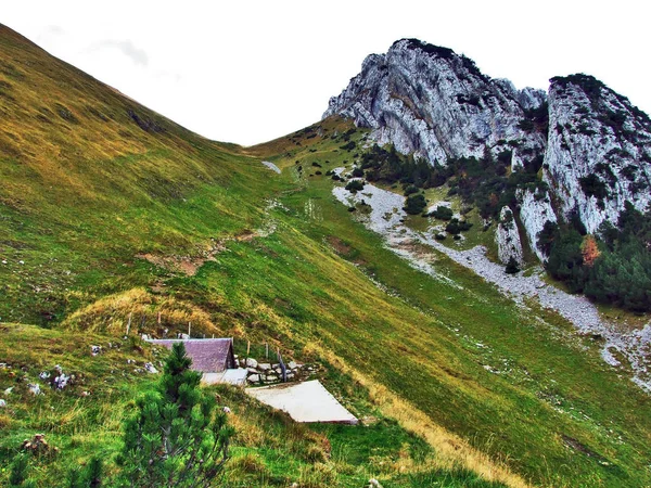 Photogenic Pastures Hills Alpstein Mountain Range Canton Gallen Switzerland — Stock Photo, Image