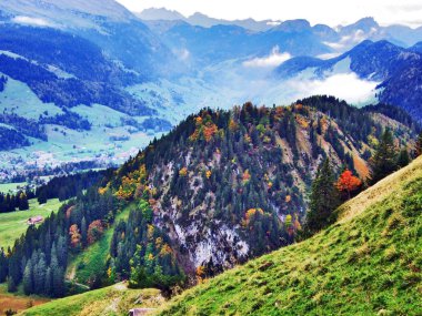 Sonbahar renkleri ormanlarda Alpstein Sıradağları ve düşündüklerini Nehri Vadisi - Canton St. Gallen, İsviçre