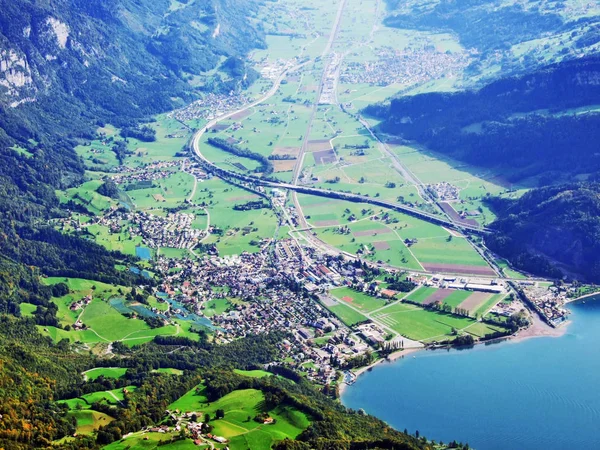 Cidade Walenstadt Margem Lago Walensee Vale Rio Seez Vale Seeztal — Fotografia de Stock