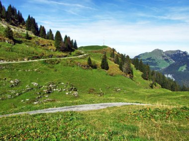 Sonbahar otlak ve dağ Churfirsten - Canton St. Gallen, İsviçre altında plato üzerinde hills