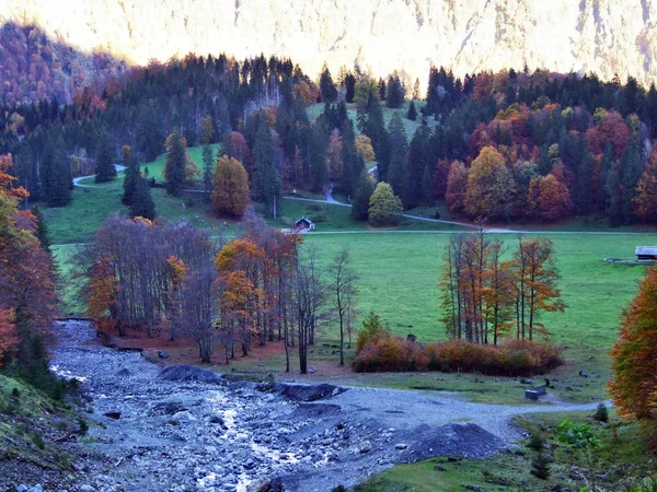 秋牧场和农场在湖 Klontalersee 山谷或在 Klontal 格拉鲁斯州 — 图库照片