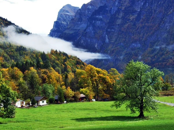 Autumn pastures and farms in the valley of lake Klontalersee or in the Klontal valley - Canton of Glarus, Switzerland
