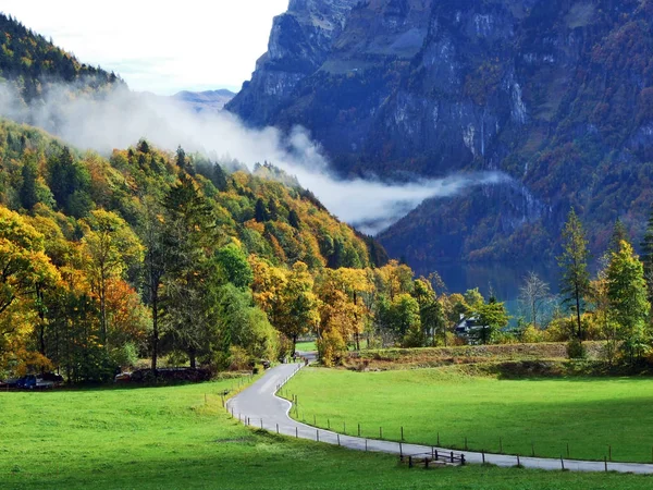 Herbstweiden Und Bauernhöfe Tal Des Klontalersees Oder Klontal Kanton Glarus — Stockfoto