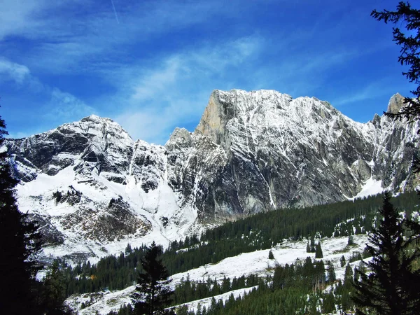 Primeira Neve Cordilheira Grupo Alvier Cantão Gallen Suíça — Fotografia de Stock