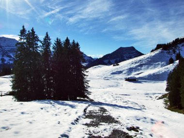 Geç sonbahar ve kış atmosferi meralar ve çiftlikleri dağ Schwagalp alanı - Appenzell Ausserrhoden Canton, İsviçre geçmek