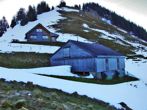 乌纳什市牧场和农场的冬季氛围 瑞士阿彭策尔奥塞罗登州 — 图库照片