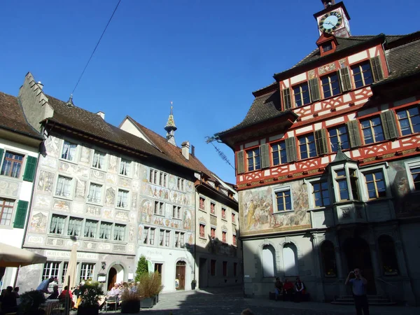 Fachadas Pintadas Bemalte Fassaden Stein Rhein Cantón Schaffhausen Suiza —  Fotos de Stock