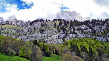 Ağaçlar ve karışık ormanlar arasında Churfirsten dağ ve göl Walensee - Canton St. Gallen, İsviçre yamaçlarında