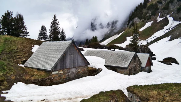 Alpine Vee Boerderijen Traditionele Architectuur Zuidelijke Hellingen Van Churfirsten Bergketen — Stockfoto