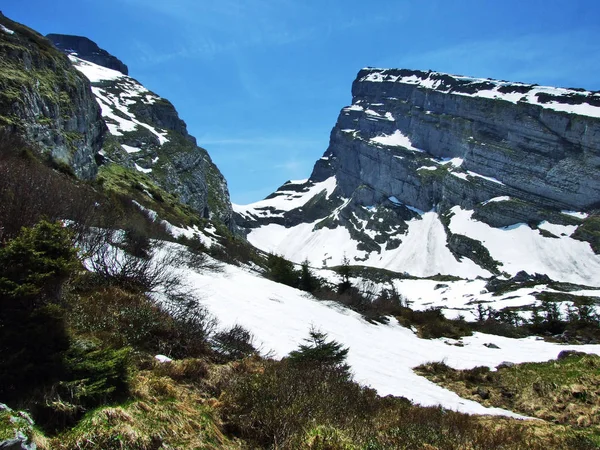 Picos Alpinos Schibenstoll Zuestoll Cordillera Churfirsten Entre Región Toggenburg Lago —  Fotos de Stock