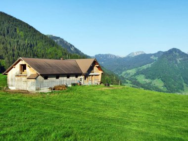 Alp Hayvancılık çiftlik ve ahır Churfirsten dağ silsilesi - Canton St. Gallen, İsviçre eteklerinde
