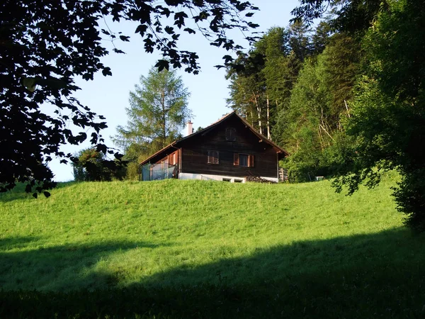 알파인 농장과 마구간에서 알프스 장크트 스위스 Alvier 경사면에 — 스톡 사진