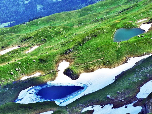 阿彭策尔阿尔卑斯山山脉阿尔维耶山山峰下的冰湖 瑞士圣加仑州 — 图库照片