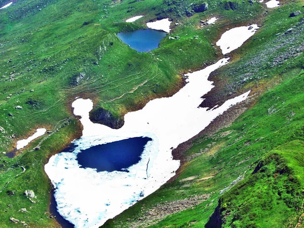 阿彭策尔阿尔卑斯山山脉阿尔维耶山山峰下的冰湖 瑞士圣加仑州 — 图库照片