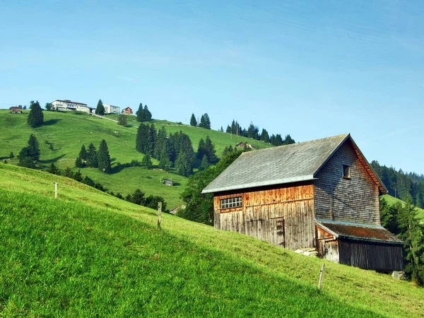 Alpine Veehouderijen Stallen Hellingen Van Bergketen Van Churfirsten Het Toggenburg — Stockfoto