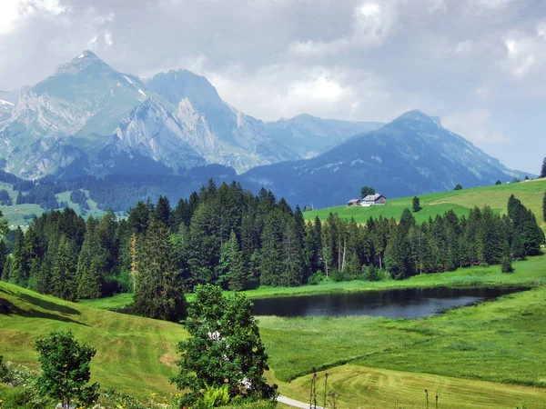 Mniejsze Jezioro Schwendisee Hinterer Schwendisee Wildhaus Kantonu Gallen Szwajcaria — Zdjęcie stockowe
