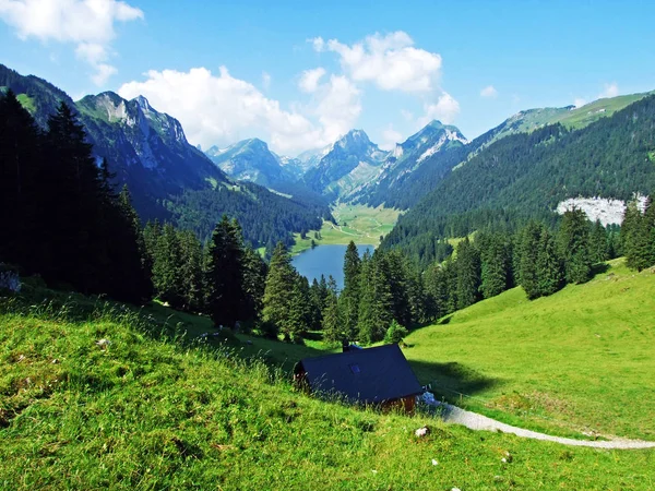 Alpské Jezero Samtisersee Pohoří Alpstein Regionu Appenzellerland Kanton Appenzell Innerrhoden — Stock fotografie