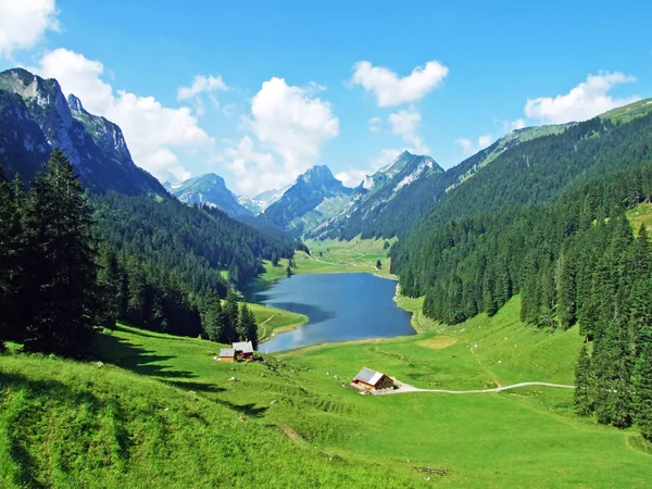 Alpejskie Jezioro Samtisersee Paśmie Górskim Alpstein Regionu Appenzellerland Kanton Appenzell — Zdjęcie stockowe