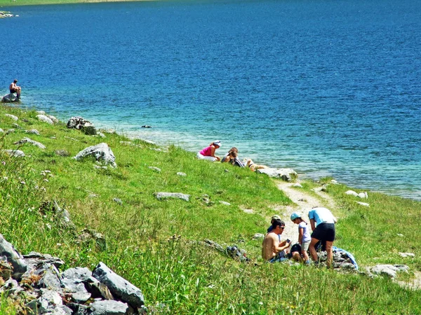 Danau Alpine Samtisersee Pegunungan Alpstein Dan Wilayah Appenzellerland Kanton Appenzell — Stok Foto